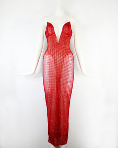 Red Sheer Crystal Bustier Dress